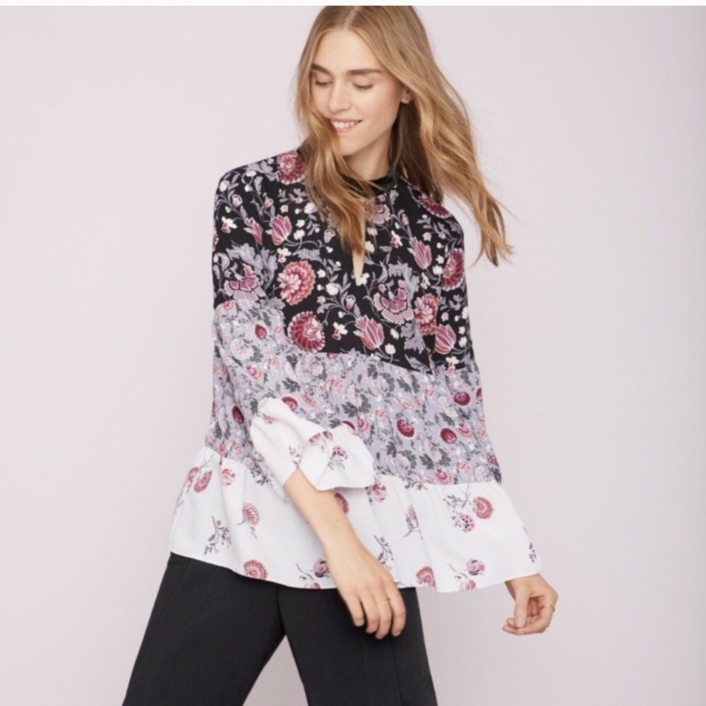 LOFT Black and White Floral Tiered Peasant Top